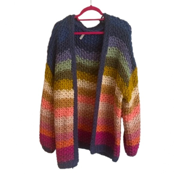 HEIMISH USA Sweaters - Heimish Chunky Multicolor Striped Open Cardigan Sweater - Navy Trim - Size 2X/3X